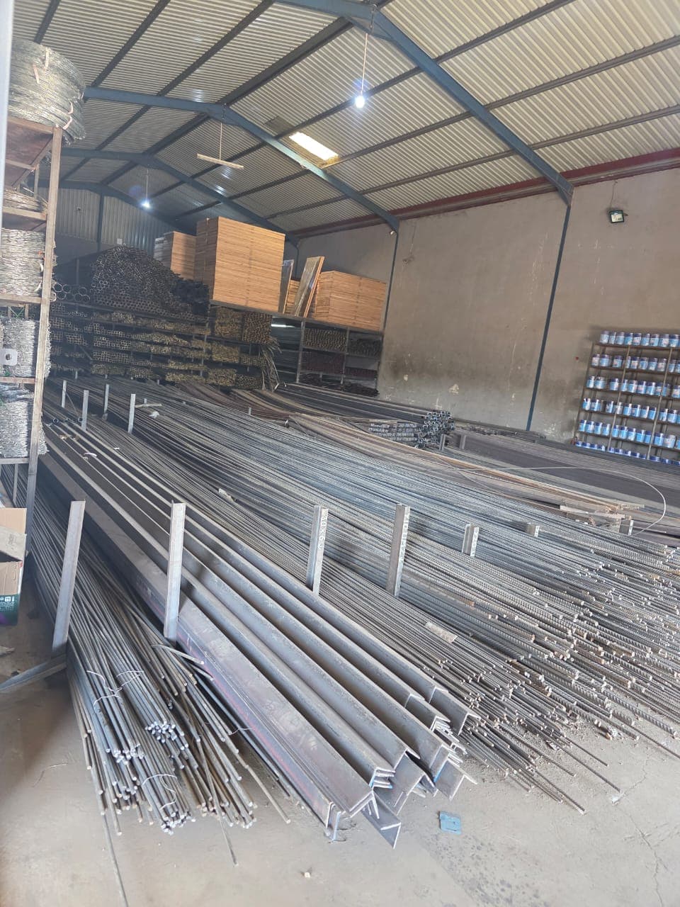 Steel bars and stock inside the Mungwi Steel warehouse